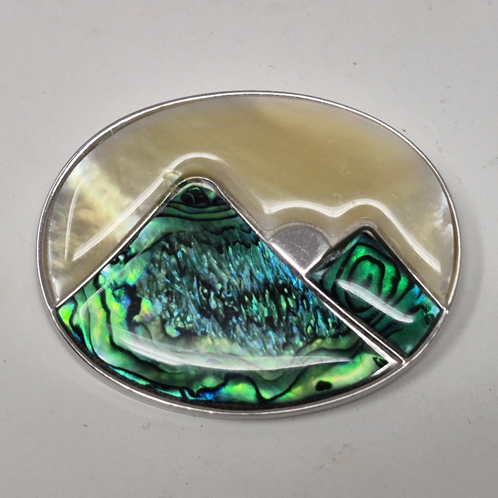 Silver Tone Abalone Shell Mountain And Sun Brooch